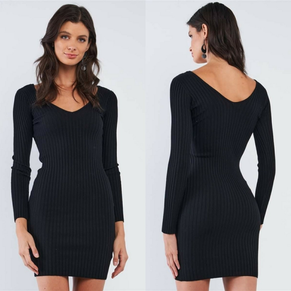 Melbourne Ribbed V Neck Mini Dress (Black) - Picture 5 of 6